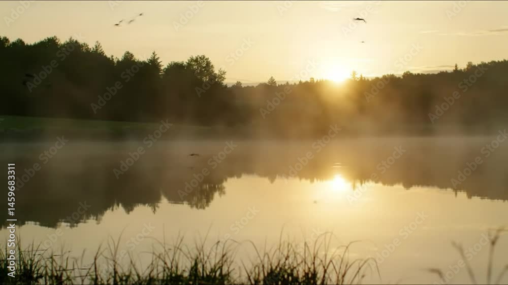 Tranquil golden sunrise over foggy lake with birds silhouettes and reflections