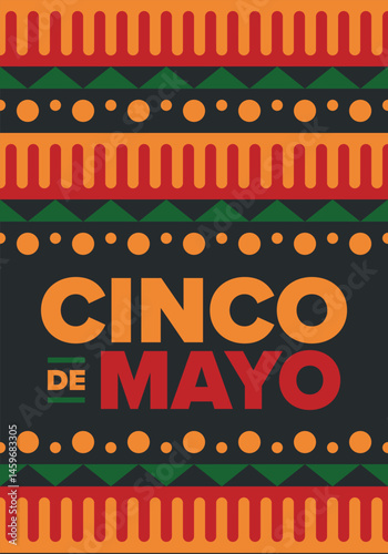 Cinco de Mayo in Mexico. Traditional mexican fiesta in May. National happy holiday with carnival, festival and parade. Latin american and spanish pattern. Illustration with sombrero. Vector poster