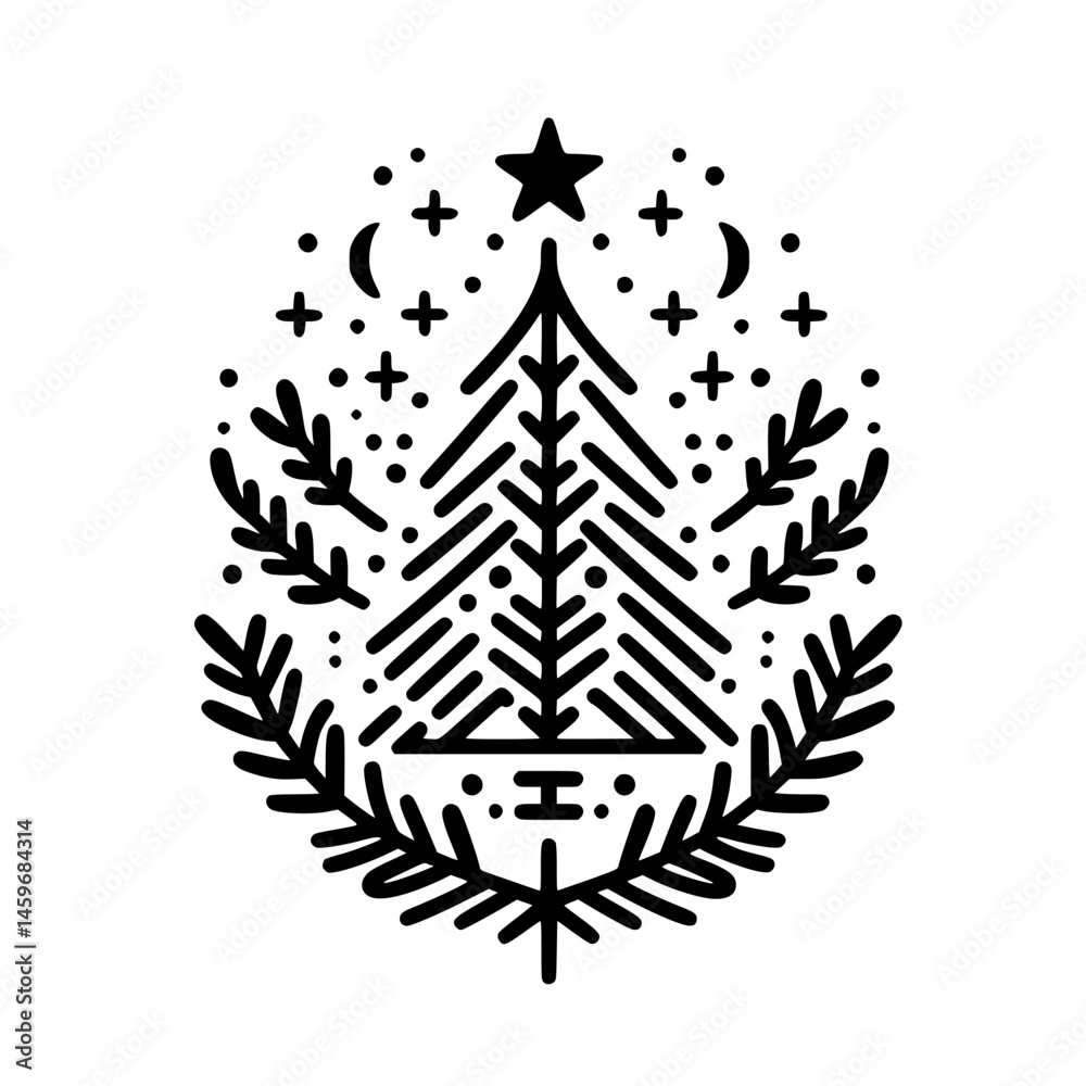 Fototapeta premium Minimalist Christmas Tree Icon with Star & Foliage - Monochromatic Design