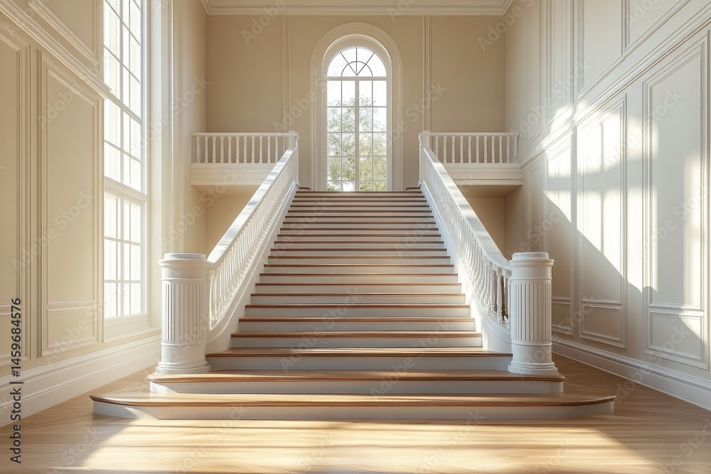 Obraz premium Grand, light-filled, elegant, interior, staircase, within, a, spacious, hall.
