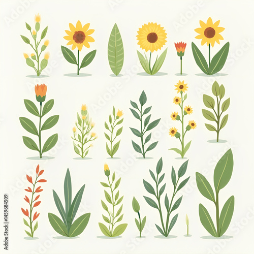 Six illustrated floral designs; pink, orange,  flowers with green leaves on white background.