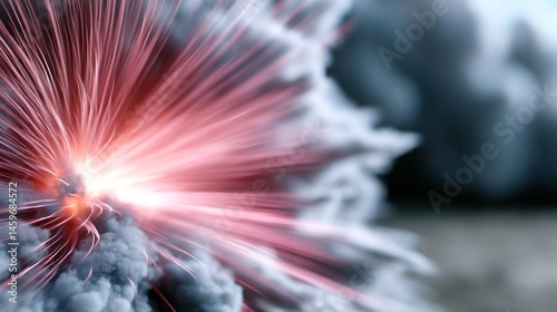 Explosive burst of light radiating from a cloud of smoke.  Abstract image of a powerful, energetic force emanating from a smoky center.  Intense, vibrant light streaks through the haze