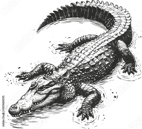 Saltwater Crocodile linework sketch hand drawn pen drawing vector illustration background
