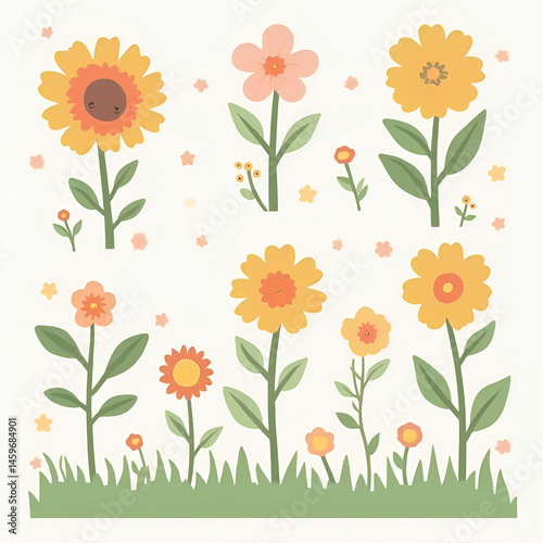 Six illustrated floral designs; pink, orange,  flowers with green leaves on white background.