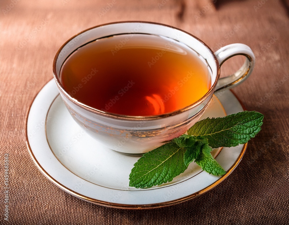 a cup of tea with a sprig of mint on top sits on a saucer a cup of tea with a sprig of mint on top sits on a saucer