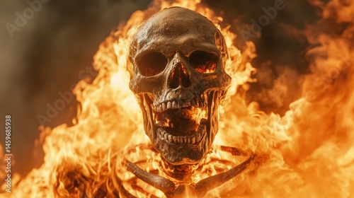 A striking image of a skull surrounded by vivid flames symbolizes life and death, evoking deep emotional responses and inviting viewers to reflect on the nature of existence amid chaos.