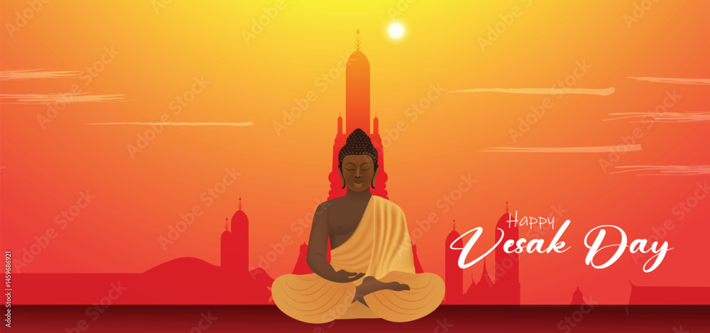 Fototapeta premium Happy Vesak day buddha sitting in front of temple vector poster