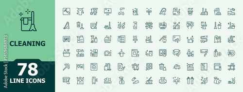 Cleaning icon set. Pictograms of disinfect, hygiene, clean, sweep and more. Disinfect simple icon pack. Minimal thin line web icons set. Editable vector illustration.