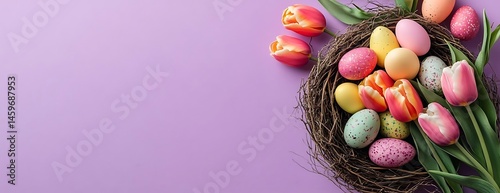 Easter eggs tulips nest purple background