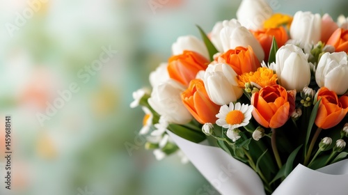 Wallpaper Mural A beautiful bouquet featuring white and orange tulips mixed with daisies, set against a soft blurred background, radiating warmth, joy, and natural beauty. Torontodigital.ca