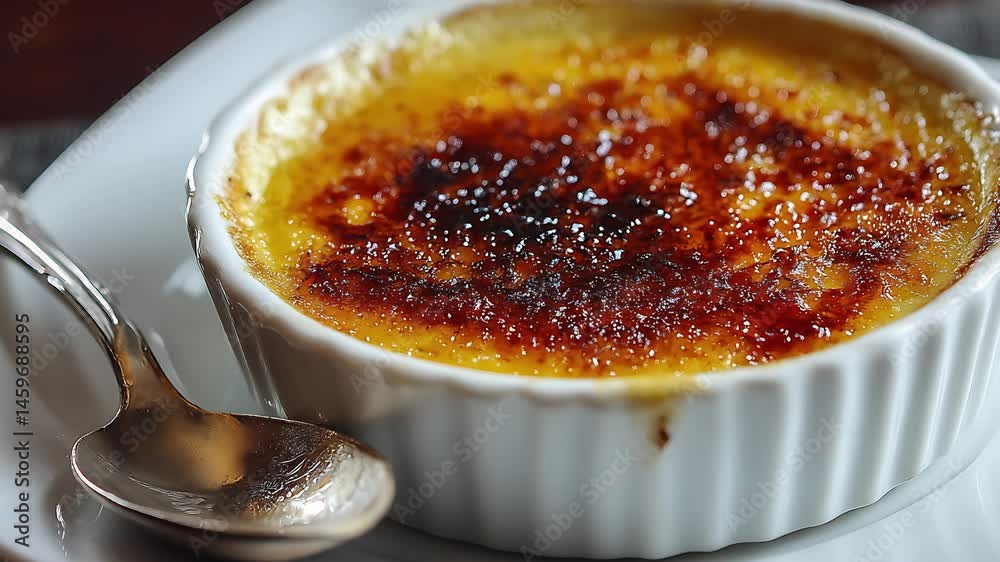 Creme Brulee Delight: An appetizing crème brûlée with its signature caramelized sugar crust, alongside a spoon, inviting indulgence.