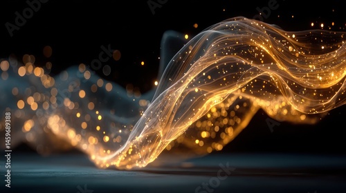Golden, ethereal, flowing energy streams against a dark background.  Particles of light swirl and shimmer