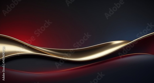Curved golden light strip flows between deep red and dark green smooth surfaces, creating a sleek, modern, and elegant abstract composition.