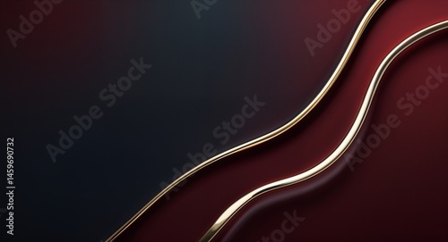 Curved golden light strip flows between deep red and dark green smooth surfaces, creating a sleek, modern, and elegant abstract composition.