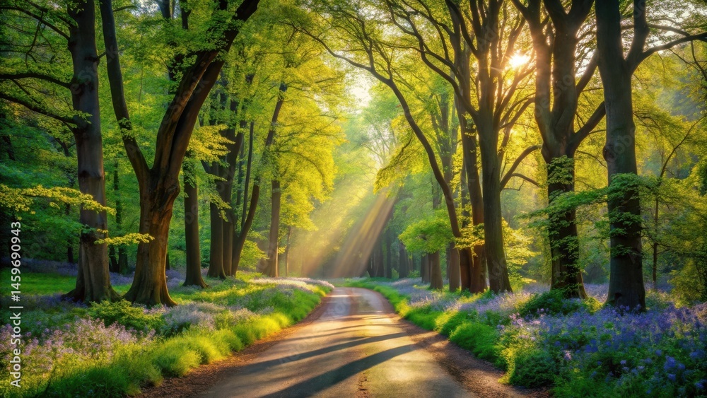 Obraz premium Sunlit Pathway Through Springtime Woodland, Bathed in Golden Light and Flanked by Vibrant Blossoms