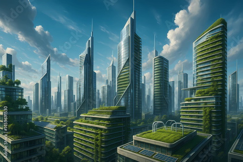 Innovative Eco-Futuristic Urban Landscape Showcasing Vertical Gardens, Sustainable Skyscrapers, and Integrated Green Spaces in a Modern Cityscape