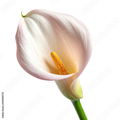 Elegant white calla lily with a yellow spadix and smooth, curving petal.