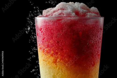 A refreshing layered frozen drink with a vivid gradient, captured in a close-up shot.