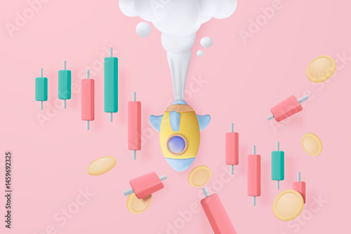 3D pile of money coins and graph with flying space rocket plummeting. Business failure concept, 3d money representation for finance, caution investment. 3d trading graph icon vector illustration