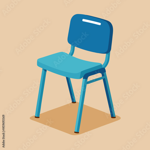 A clean vector of a modern plastic classroom chair in blue, placed on a solid light beige background