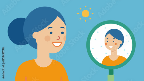 Happy Patient A smiling person admiring their improved skin in the mirror after undergoing microneedling with exosomes emphasizing satisfaction with results.