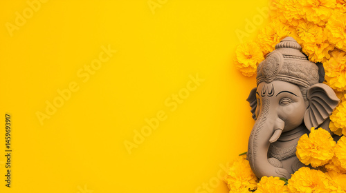 Ganesh chaturthi celebration with beautiful stone idol and marigold flowers on a yellow background