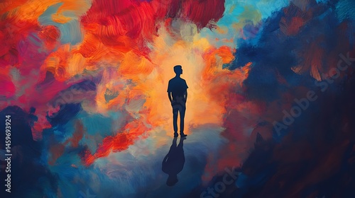 A figure stands amidst vibrant, painted clouds.