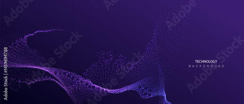 Technology Artificial Intelligence particles banner. Big ai data stream waves neon purple and blue background. Futuristic network connect vector blurred design.