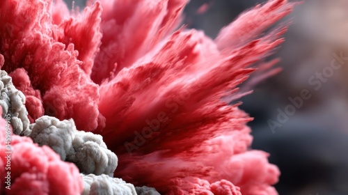 Intense pink and gray powder explosion.  Close-up view of a dynamic burst of color, with shades of pink radiating outward from a central gray cloud.  Powdered substances creating abstract art