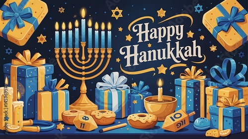 Festive Hanukkah Celebration with Menorah Candles Dreidels Gelt and Wrapped Gifts Traditional Jewish Holiday Background with Blue and Gold Decor Happy Hanukkah Greeting Card with Starry Confetti