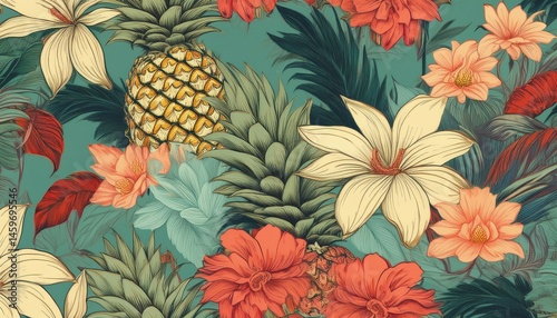 vintage seamless tropical flowers with pineapple pattern background generative ai