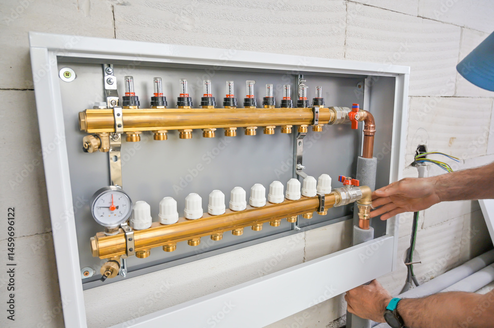 A dedicated plumber is carefully configuring a modern plumbing control setup, ensuring precise performance of the home's plumbing system with specialized tools