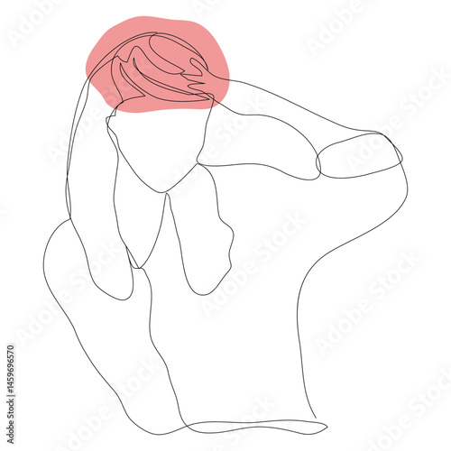 Sketch problem concept minimal woman emotion stress headache drawing line art.Female unhappy depress hand drawn continuous line concept with white ioslated background.Abstract,vector,illustration.