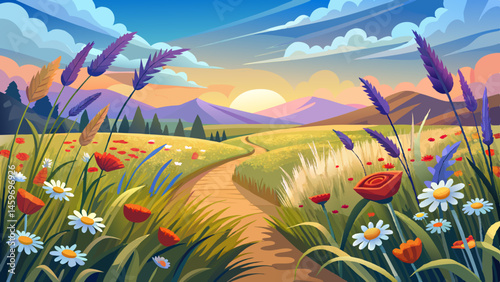 In the foreground, tall grasses sway in harmony with the breeze, their tips glowing under the sun.
Clusters of daisies, poppies, and lavender bloom freely, coloring the fields with joy.
A dirt path wi