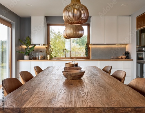 elegant wooden dining table in modern kitchen with brass pendant lighting