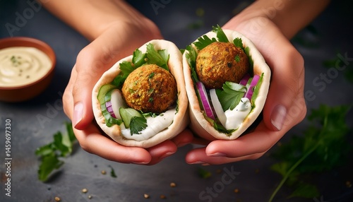 two hands hold falafel wraps with pickled turnips parsley and tahini sauce inside a pita