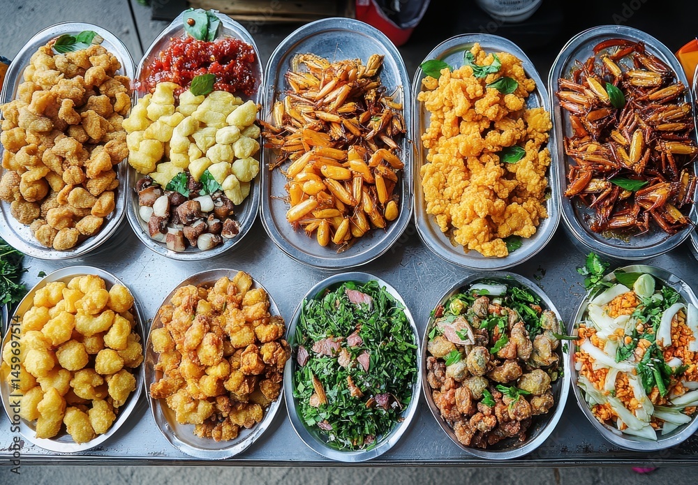 Colorful Array of Delicious Street Food Dishes Displayed on Metal Trays at Local Market with Fresh Ingredients and Diverse Flavors Colorful Array of Delicious Street Food Dishes Displayed on Metal Trays at Local Market with Fresh Ingredients and Diverse Flavors