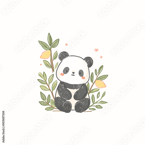 Sweet cartoon panda sitting among leaves in pastel tones, cute minimal illustration