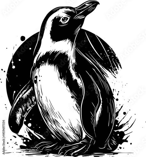 Black and white artistic illustration of a standing penguin with ink splash effect and dramatic shading