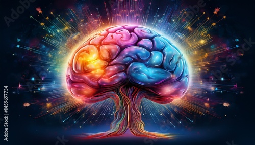 stunning digital illustration of a brain filled with vibrant colors and light effects representing creativity and cognitive processes in a modern abstract style