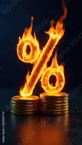 Burning Interest Figure on gold coins on black background. Concept Financial crisis, high interest rate, bankruptcy, investment failure, savings, inflation