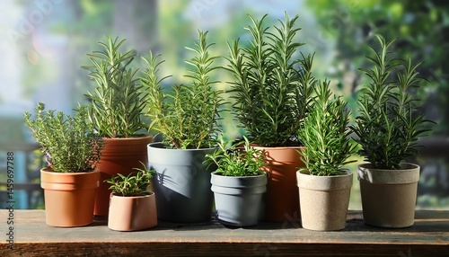 fresh rosemary plants in various containers