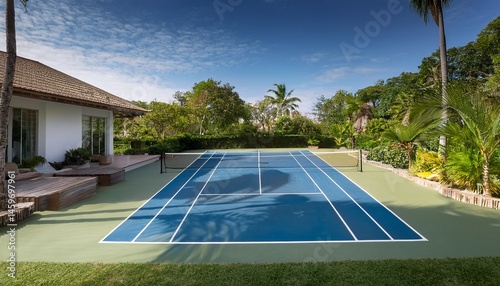 a realistic photo of a modern tennis court in the middle of a garden a luxury villa in tulum inspired
