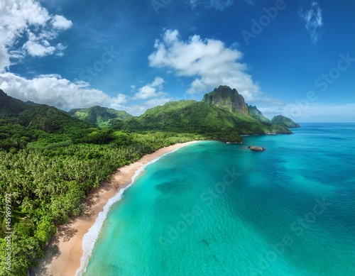 breathtaking aerial view of tropical beach turquoise water mountains and lush greenery