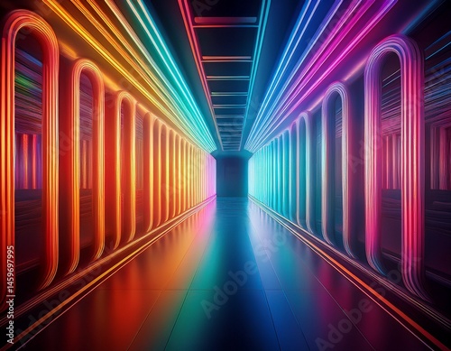 a long hallway with neon lights and a rainbow of colors by ai generated image