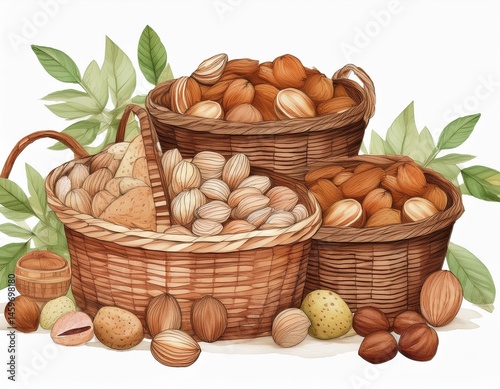 seamless watercolor pattern baskets of nuts on white background drawing abstract illustration