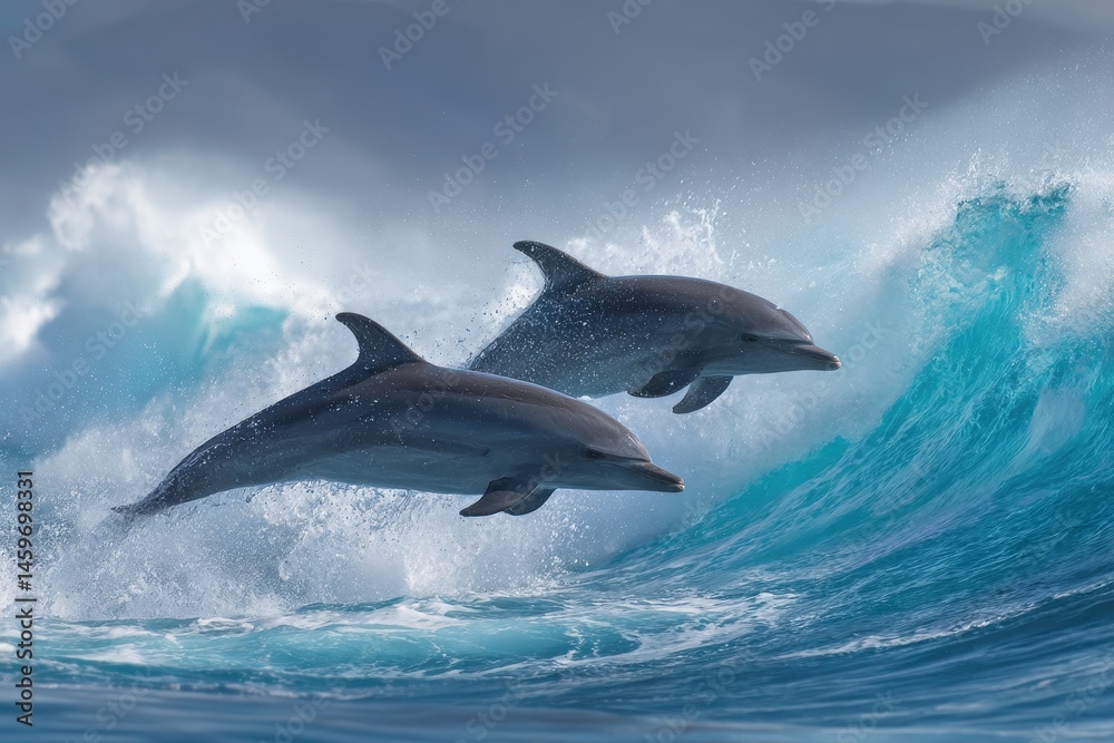 Fototapeta premium Two dolphins leap joyfully over a wave. Ocean wildlife.