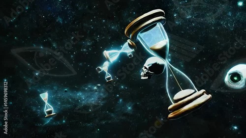 Animated Skull and Hourglasses Floating in Cosmic Space – Surreal Loop Symbolizing Time, Mortality, and the Universe