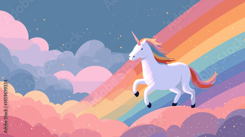 Stylized unicorn galloping across a rainbow in dreamy sunset clouds, magical and vibrant atmosphere