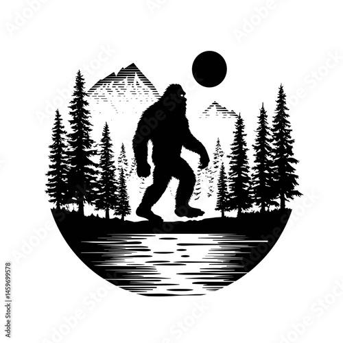 Bigfoot silhouette walking in forest with mountains and sun, circular composition in black and white